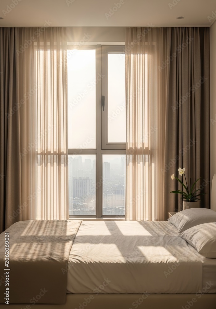 Fototapeta premium Sunlight streaming through sheer curtain into a cozy bedroom. View of a city skyline through a tall window. Minimalist interior design for home comfort and morning relaxation concept.