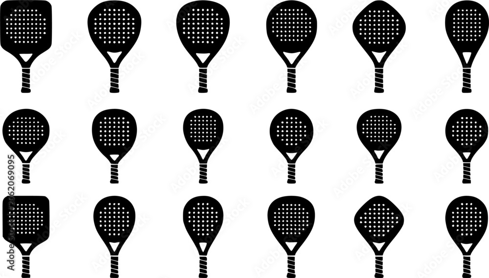 Obraz premium Padel Racket silhouette icon set, flat black glyph style, pure white background