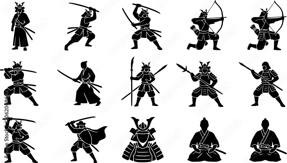 Obraz premium Samurai silhouette icon set, flat black glyph style, pure white background