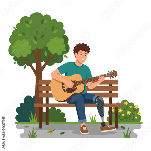 Man with prosthetic leg playing guitar on park bench
