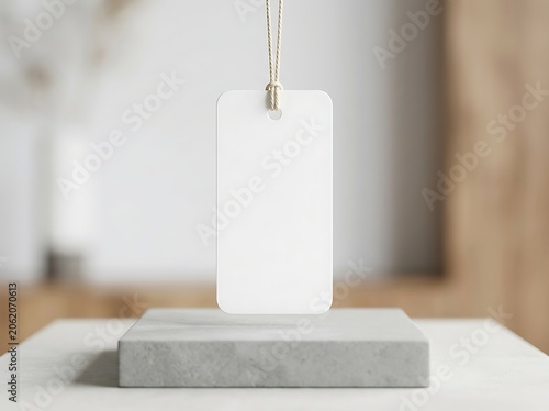 Blank white rectangular price swing tag hanging mockup for retail branding, product label presentation, identity design
