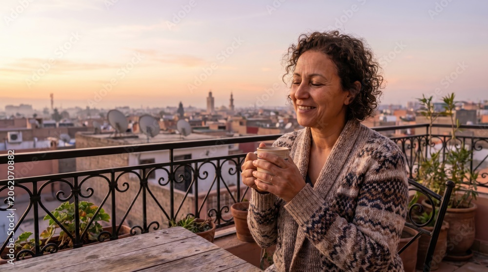 Fototapeta premium Serene North African woman enjoying tea on a rooftop terrace overlooking Marrakesh during a warm golden hour sunset