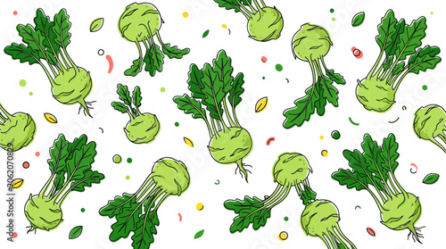 Obraz na plátne Vibrant, fresh kohlrabi bulbs with leafy greens scattered on a white background pattern