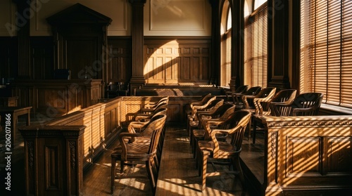 Historic wooden courtroom interior illuminated by natural sunlight through window blinds with empty jury seats and judge bench