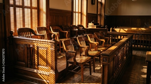 Empty historic courtroom interior with wooden jury box and warm sunlight streaming through window blinds