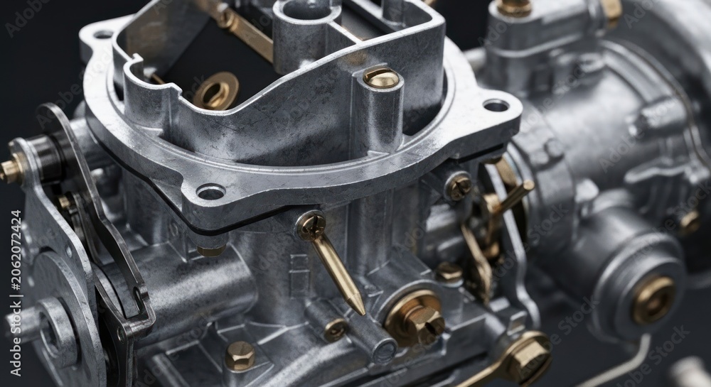 Fototapeta premium Close-up of a vintage automotive carburetor on a dark background.