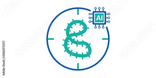 Virus particle inside scanning target with artificial intelligence chip. Automated pathogen identification and disease detection concept scene. Healthcare technology graphic.