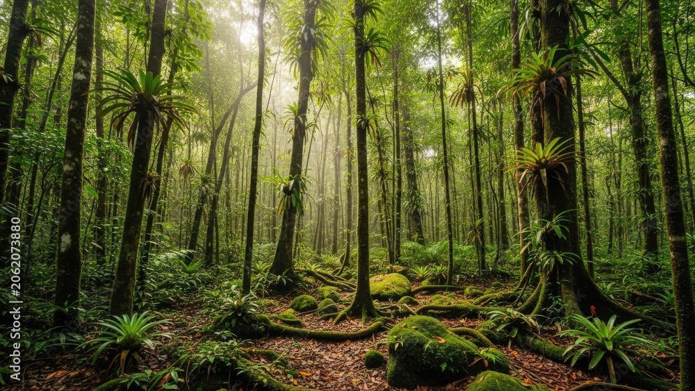 Fototapeta premium Lush green tropical rainforest with morning sunlight rays