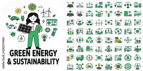 Green energy and sustainability icon set, renewable power vector collection, eco friendly environment symbols for solar and wind technology