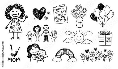 Child Drawing Style Mother’s Day Doodle Collection with Hearts Flowers and Family Vector Set