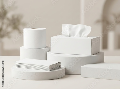 Blank white tissue box and paper roll mockup on stone pedestal stands for branding hygiene product packaging presentation