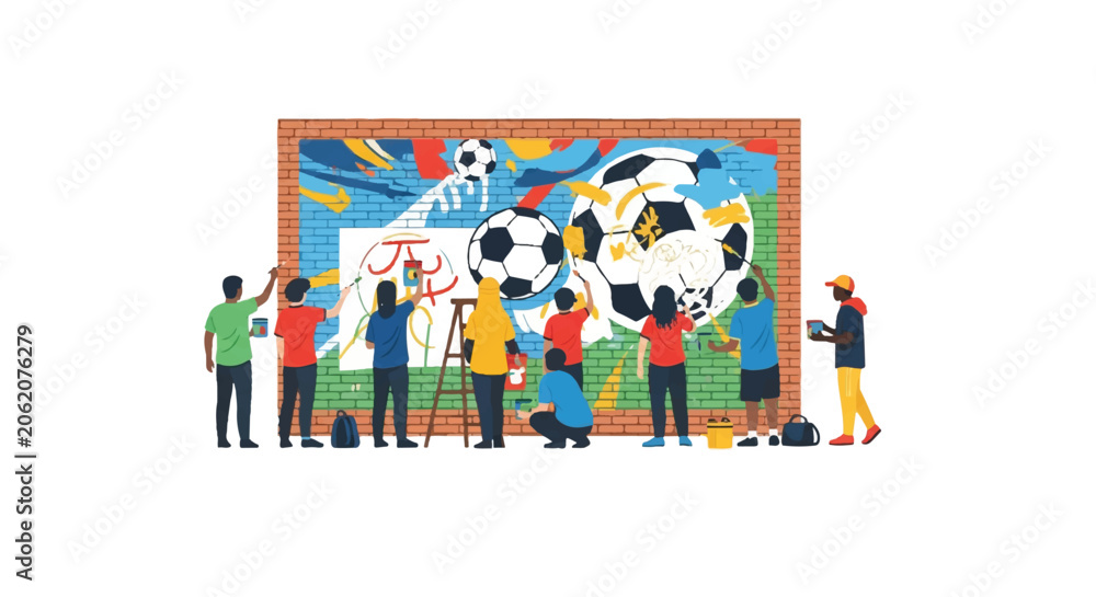 Fototapeta premium Young diverse artists and fans painting a large soccer-themed mural on a city brick wall, creative urban culture, bright daylight, minimalist flat vector artwork, clipart style, absolute solid