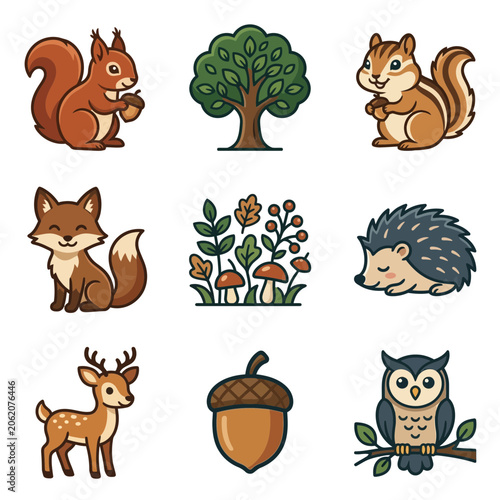 Forest animals and trees icons.