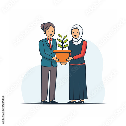 Two business people shaking hands with gift box