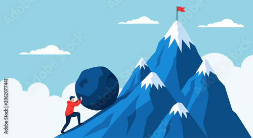 Photos Businessman pushing boulder up mountain, challenge and perseverance concept, goa