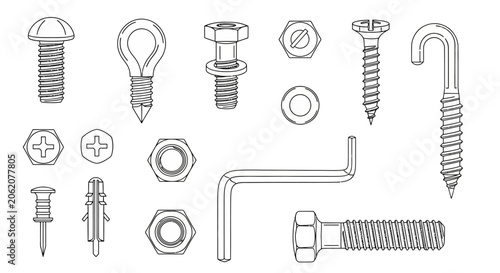 фотографія Industrial screws, bolts, and fasteners set, metal hardware tools, engineering c