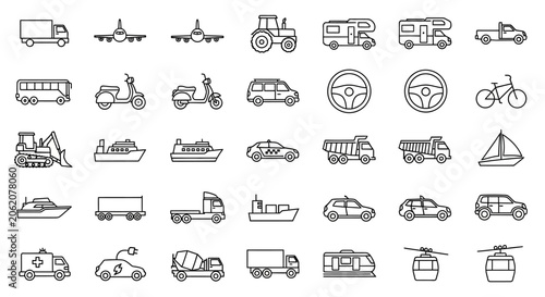 Transportation icons, vehicle signs, 40 transport symbols, line art graphics