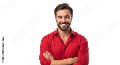 Smiling man with beard wearing a red shirt standing isolated on transparent background