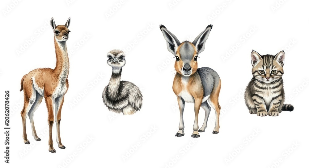 Fototapeta premium Llama rhea mara and kitten watercolor animal collection.