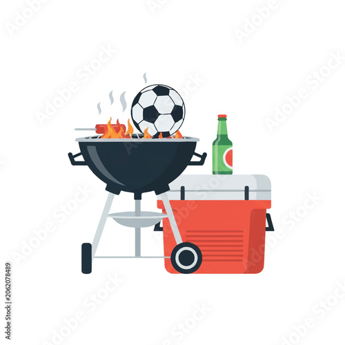 A portable charcoal grill with a soccer ball resting against a cooler, representing the North American pre-game tailgate tradition, bright daylight mood, minimalist flat vector artwork, clipart