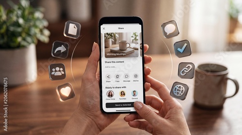 Hands holding smartphone with social media sharing options on screen