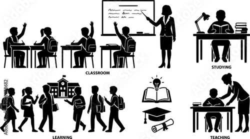 Teacher and Student Classroom Silhouette Collection, Education and School Learning Vector Set