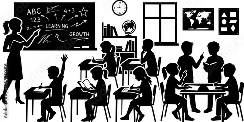 Teacher and Student Classroom Silhouette Collection, Education and School Learning Vector Set