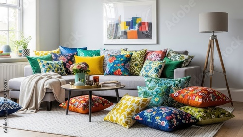 Bright living room filled with colorful patterned decorative pillows.