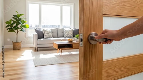 Hand opening wooden door to bright modern living room.