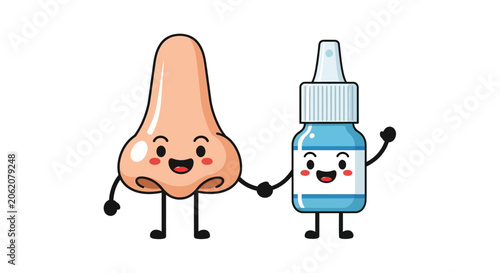 Cuadro en lienzo Cartoon nose, smiling nose character, nasal health, saline nasal spray bottle