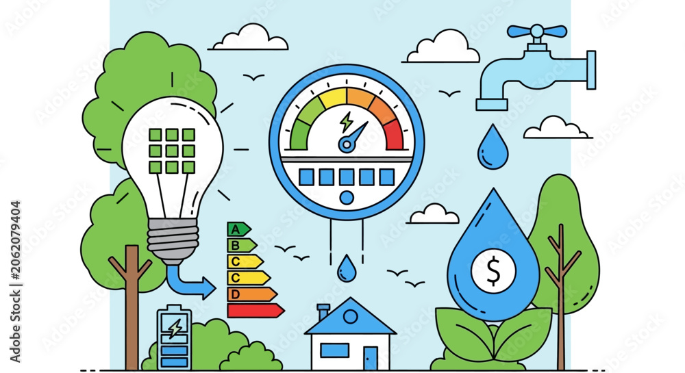 Fototapeta premium Eco friendly icons, sustainable living symbols, green energy illustrations, environmental conservation graphics