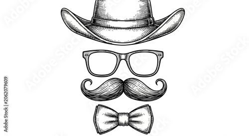 Obraz na plátně Vintage, hand-drawn, facial features, accessories, cowboy hat, glasses, mustache