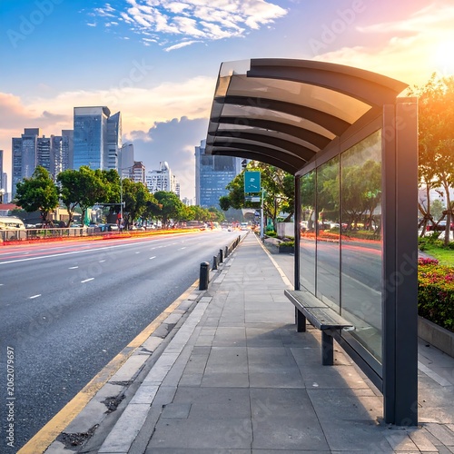 A city street with a bus stop on the right side, featuring a curved roof and glass walls, alongside a road with trees and tall buildings in the background