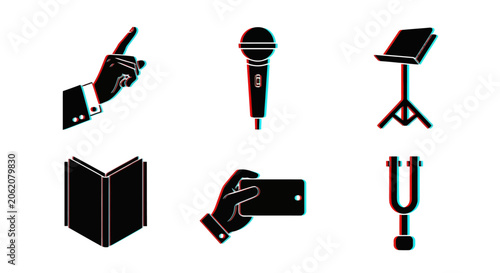 Foto Music icons, audio equipment, performance symbols, vector graphics, black illust