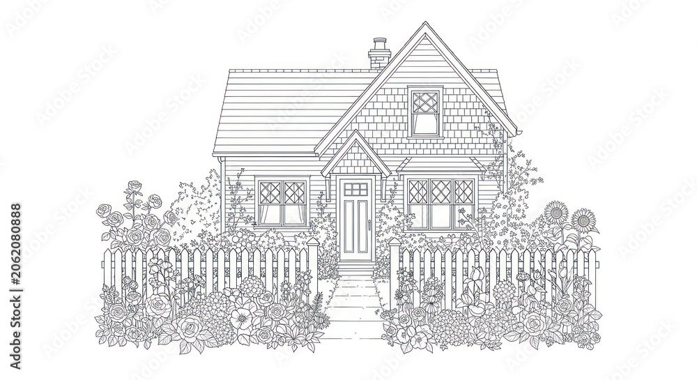 Fototapeta premium Simple line drawing of a house surrounded by a garden and fence