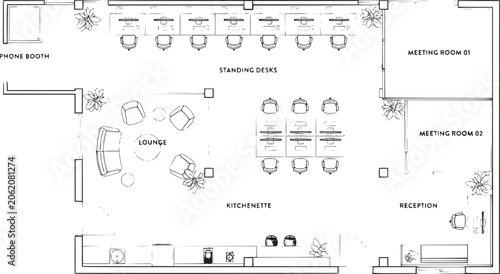 Fotografía Modern Open Plan Office Layout with Meeting Rooms and Lounge