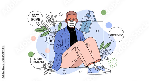 Coronavirus, pandemic, lockdown, health, safety, vector illustration, flat design, man wearing mask, social distancing