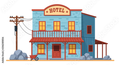 Western hotel building, cartoon illustration, blue facade, red accents, vector graphic