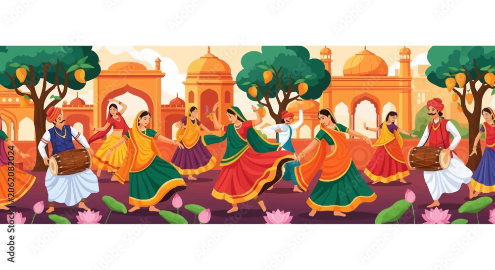 Fototapeta premium A vibrant illustration depicts a joyful celebration with people dancing and playing music amidst traditional Indian architecture and mango trees.