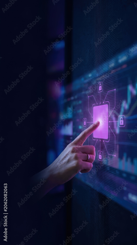Fototapeta premium Finger pointing at digital interface with security icons, symbolizing data protection and technology interaction in futuristic setting