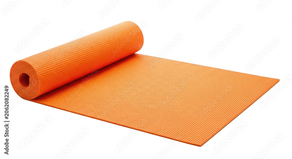 Obraz premium Orange yoga mat rolled out on the floor isolated on transparent background