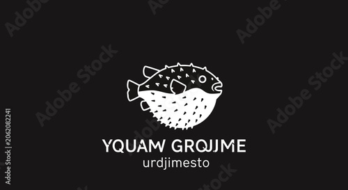 Fotografie Pufferfish Logo Design, Cute Spiky Fish Illustration on Black Background