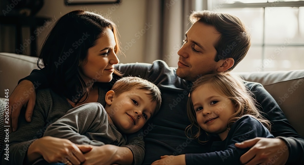 Fototapeta premium Happy family of four cuddling on a sofa.