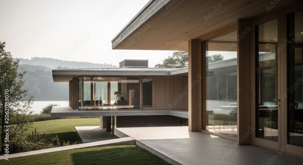 Fototapeta premium Modern lakeside villa with floor to ceiling glass windows.