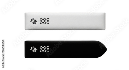 Two modern minimalist rectangular fabriccovered smart home device controllers in white and black colors isolated on transparent background