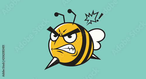 Tableau sur toile Angry cartoon bee with aggressive expression, buzzing with anger, vector illustr