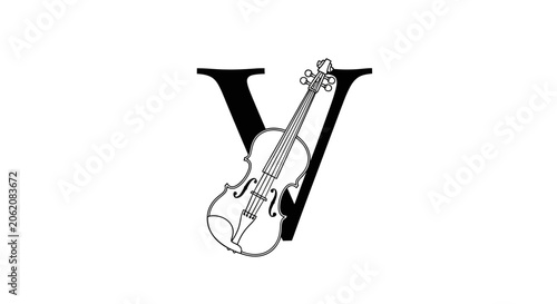 Photos Violin resting on a stylized capital letter V, elegant musical instrument illust