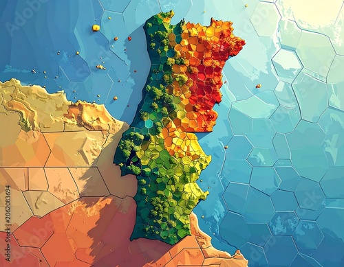 A colorful, abstract map illustration with polygonal shapes