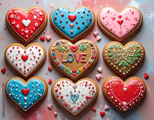 A colorful arrangement of heart-shaped cookies with decorative icing and sprinkles