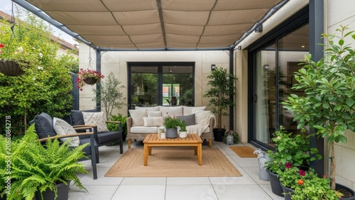Modern covered patio with elegant outdoor lounge furniture.